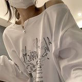 Fashionkova party look inspos Y2K T-shirt Fairy Grunge 2023 Vintage Letter Print Tops Black Autumn Off Shoulder Long Sleeved Korean Tees Loose Harajuku Shirt