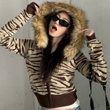 Fashionkova  Party Outfit  Korean Retro Fur Collar Leopard Print Hooded Y2k Harajuku Gothic Hip Hop Striped Zipper Hooded Women Streetwear Cardigan