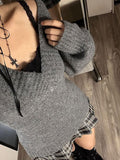 FashionKova-vintage outfits 2024 Chic Women Solid Color Fall Winter Knitted Sweater Sexy Slim Casual V-neck Pullover Y2K Harajuku Retro Aesthetic Streetwear