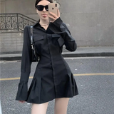 Fashionkova party look inspos Black Shirt Dress Women Elegant Vintage Long Sleeve Pleated Dress Sexy Gothic Y2k Turn Down Collar Casual Mini Vestidos