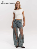 Fashionkova Street See Through Jeans Women Casual Patchwork Low Waist Zipper Pocket Denim Pants Female 2025 Summer Fashion New Lady Trousers
