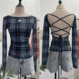 Fashionkova Women Retro Printed Slim See Through Mesh Top With Contrasting Straps Backless Long Sleeve Bottoming Cropped Top Y2K Streetwear