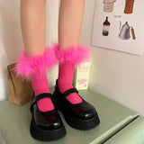 Fashionkova  Nye Outfit Y2k Women Feather Fur Middle Tube Socks Rose Pink Jk Lolita Socks Cotton Funny Cotton Socks Pile Cosplay Party Accessories