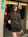 Fashionkova Autumn Korean Vintage Preppy Style 3 Piece Set Women Outfits Casual Knitted Sweater + Slim Stripe Shirt + Y2k Mini Pleated Skirt 2025 spring outfits