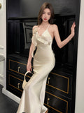 Fashionkova Spring Summer New Lace Up Ruffle Edge Elegant Fishtail Maxi Dress Backless Bodycon Fit Gown Long Dresses  Party Club Vestidos Outfit Ideas