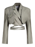 Fashionkova Valentine's Day Aesthetic Articat Gray Double Layer Bandage Slim Blazer Women Long Sleeve Pocket Short Jacket Female Notched Collar Outwear Tops 2021 New