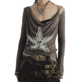 Fashionkova party look inspos Women Star Shirt Y2k Graphic Print Crop Tops Long Sleeve Vintage Baby Tees Fairy Grunge Aesthetic Fall Tops Streetwear
