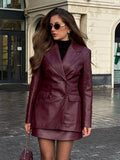 Fashionkova party look inspos Women Fashion Burgundy Lapel Pu Leather Coat Classic Single Breasted Bodycon Spring Jacket Outwear 2025 New Female Commute Coats