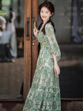 Fashionkova Women's Vintage Floral Print V-Neck Dress Female One-Piece Clothes French Lady A-Line Elegant Chic Maxi Dresses New 2023 Outfit Ideas