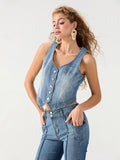 Fashionkova Women's Denim Vests Stylish Sleeveless V Neck Button Down Slim Fit Waistcoats Crop Tops for Streetwear Grunge Clothes Fairycore