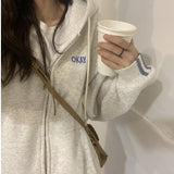 Fashionkova Letter Embroidery Baggy Zip Up Hoodie