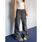 Fashionkova party outfit  Gray Baggy Straight Jeans Women Korean Fashion Streetwear High Waist Wide Leg Denim Pants Female Loose Mopping Jean Trouser Y2K