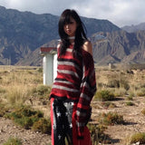 Fashionkova Y2k Aesthetics Off Shoulder Pullover Grunge Gothic Red Striped Sweater Japanese Harajuku Loose Knit Tops American Retro Spring Style 2025