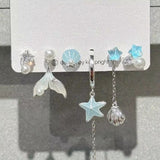 Fashionkova 6Pcs/Set Fashion Blue Crystal Star Cross Zircon Heart Chain Drop Earrings Set Women Y2K Jewelry Scene Accessories Gift Brincos