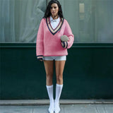 Fashionkova Valentine's Day Aesthetic Trendix Loose V Neck Knit Pullover Female Fashion Stripe Contrast Color Sweaters Winter Street Casual Long Sleeve Knitwear Coats
