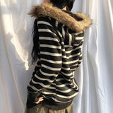 Fashionkova  Party Outfit  American Retro Striped Hoodies Coats Women Ropa Mujer Furry Hooded Zipper Sweatshirts Y2k Tops Hoodie Ropa Mujer 2025