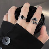 Fashionkova Kpop Irregular Black Geometry Punk Vintage Open Rings Set for Women Girls New Fashion Grunge Jewelry