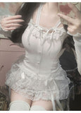 FashionKova-Y2k Lace Sweet Girl Korea Summer Skirts Women Clothes White MIni Skirt High waist Loose Grunge Kawaii Cute A-line Fluffy Skirt