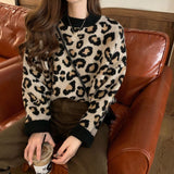 Fashionkova  Nye Outfit Biyaby Leopard Knitted Sweaters Woman Vintage Lazy Style Loose Jumper Blouse Women 2023 Autumn Winter O-Neck Bottoming Pullovers