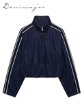 Fashionkova Street Denim Stripe Pants Set Women Long Sleeve Stand Collar Pocket Zipper Jacket Suit 2025 Straight Lace Up Casual Jeans Sets