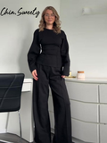 Fashionkova Party Outfit Casual Solid Top Pants Women Set Fashion Long Sleeve O-neck Pleated Tops Wide Leg Trousers 2024 Autumn Vacation Lady Suit