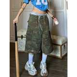 Fashionkova American Retro High Waist Mid Long Jeans Pockets Hip-hop Baggy Shorts Women's Casual Y2K Grunge Camouflage Washed Denim Shorts