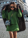 Fashionkova Party Outfit Casual Green Knitted Sweater Skirts Suits For Women Elegant Lapel Long Sleeve Pullover Set Autumn New Lady High Street Outfits