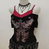 Fashionkova Punk Vintage 90s Women Clothes Gothic Sexy Casual Grunge T Shirts Streetwear Crop Top Lace Aesthetic Femme Harajuku Y2k Clothing