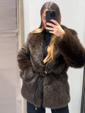 Fashionkova Party Outfit Luxurious Women's Faux Fur Coats With Belt Mid-length Lapel Full Sleeve Solid Plush Jacket 2024 Winter Lady Thick Loose Overcoat