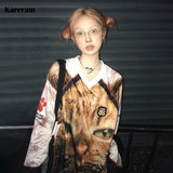 Fashionkova Japanese Y2k Kitten Print Jersey T-shirt Vintage Harajuku V-neck Long Sleeve Cat Tops American Retro Streetwear 2000s Spring Style 2025