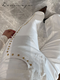 Fashionkova Street Bead White Jean Women Chic Baggy Wide Leg Straight Pocket Zipper Denim Long Pants 2025 Spring Casual Commute Lady Trouser