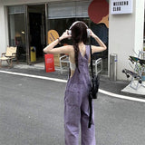 Fashionkova  Party Outfit  Women's High Waisted Straight Purple Jumpsuit Classic Vintage Overalls Fashion Girl Wide Leg Pants Female Baggy Rompers Trouser