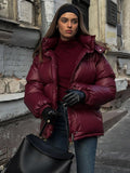 Fashionkova party look inspos Women Fashion Burgundy Red Hooded Padded Jacket Winter Warm Stand Collar Zipper Breasted Parka 2024 New Lady High Streetwear