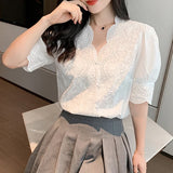 Fashionkova Summer Lace Embroidery Woman Blouse Fashion Hollow Out Stylish Elegant White Shirts Vintage Casual Half Sleeve Tops Blusas 13102