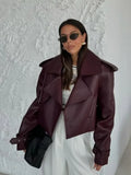 Fashionkova party look inspos Women Burgundy Pu Leather Lapel Jacket Fashion Pocket Loose Warm Short Coats Autumn New High Street Female Casual Outwear