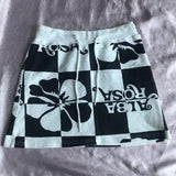 Fashionkova 90s Vintage Versatile Black and white patchwork Letter flower printing Y2K Drawstring belt High Street Sexy Slim emo Short Skirt Fairycore Outfit Idea