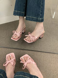 Fashionkova 2025 Spring and Summer New French High Sense Satin Bow Thick Slippers Women Fashion High Heels ootd outfit idea