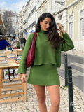 Fashionkova Party Outfit Casual Green Knitted Sweater Skirts Suits For Women Elegant Lapel Long Sleeve Pullover Set Autumn New Lady High Street Outfits