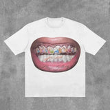 Fashionkova T Shirt Y2K Short Sleeve Tops Harajuku Hip Hop Retro Teeth Graphic Print Oversized TShirt Mens Womens Round Neck Cotton Clothes