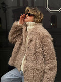 Fashionkova party look inspos Elegant Thicken Fur Coat For Women Fashion Warm Stand Up Collar Coats Casual Solid 2023 Winter Long Sleeves Ladies Faux Fur Coat