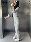 Fashionkova Women¡¯S Casual 2 Piece Pants Set Long Sleeves Bodycon Crop Top And Drawstring Flare Pants Matching Set Streetwear Autumn