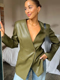 Fashionkova  Nye Outfit Chic V-neck One Button Women's Leather Jackets Fashion Solid Slim Fit Pockets Coats 2025 Lady High Street Outerwears New Spring