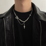 Fashionkova Punk Cross Star Natural Stone Beaded Necklace Goth Cross Chain Necklace Kpop Pendant Necklaces for Women Men Party Jewelry