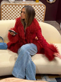 Fashionkova party look inspos Chic Spliced Faux Fur Coat For Women Lapel Full Sleeve Jacket Red Reffled Solid Vintage Warm Coat New Lady Winter Streetwears