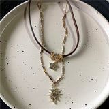 Fashionkova Gothic Star Love Heart Pendant Bead Leather Chain Necklace For Women Girls Handmade Multilayer Beaded Necklace Punk Jewelry Set