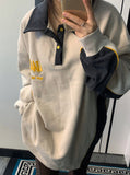 Fashionkova Contrast Color Splice Embroidery Neck Baggy Sweatshirt