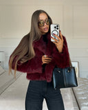 Fashionkova Party Outfit Vintage Red Faux Fox Fur Short Coat For Women Elegant Solid Lapel Long Sleeve Loose Jacket Winter Plush Warm High Street Outwear