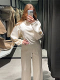 Fashionkova party look inspos Fashion Solid Long Pant Set for Women Casual O Neck Long Puff Sleeve Pullover Wide Leg Trousers Suit Female Commuter 2Pcs Outfit