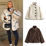 Fashionkova party look inspos Plush Stand Collar Jackets Coat Women Vintage Lambwool White Single-Breasted Pockets Jacket Female Autumn High Street Outwear