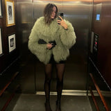 Fashionkova Elegant Solid Color Thick Faux Fur Coats Women Round Neck Long Sleeve Short Warm Jacket 2024 Winter New High Street Lady Outwear ootd